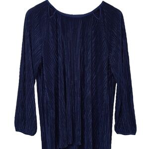 H by HALSTON Top Plus Size Large Navy Blue Pleated Blouse Long Sleeve